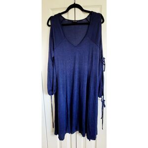 Torrid 1 Sweater Dress V-Neck Cold‎ Shoulder Tie L/S Blue 1X A-Line Elastic Wrst